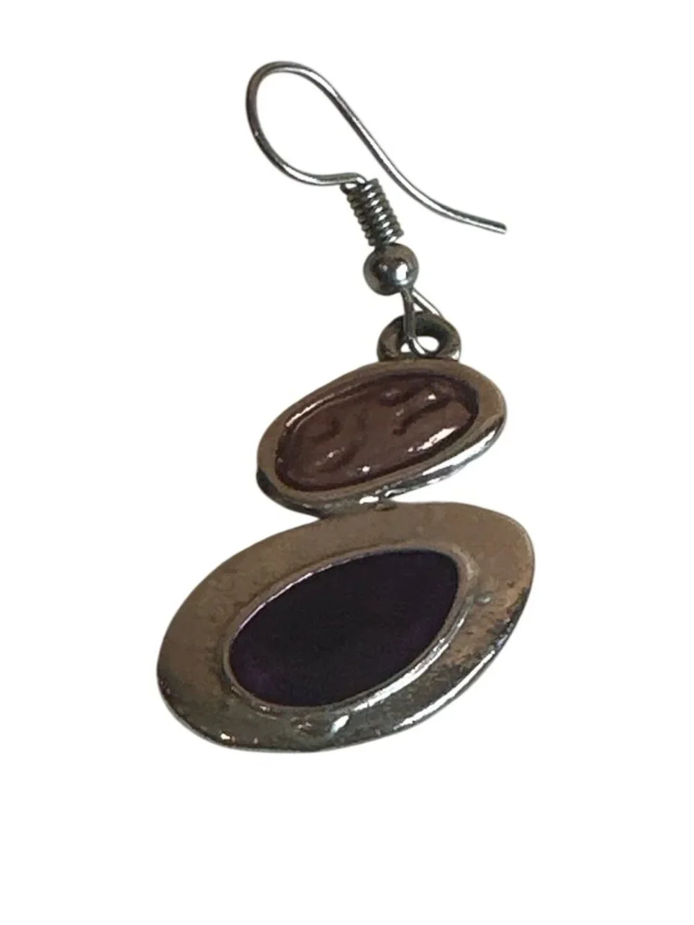 Silver Tone Purple Dangle Earrings Oval Design 2